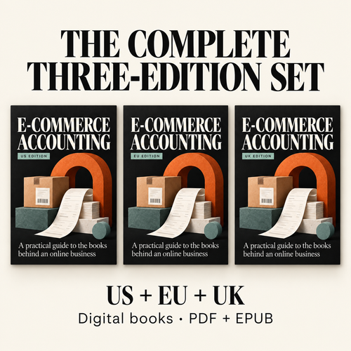 Complete digital book set showing the US, EU and UK editions of E-commerce Accounting
